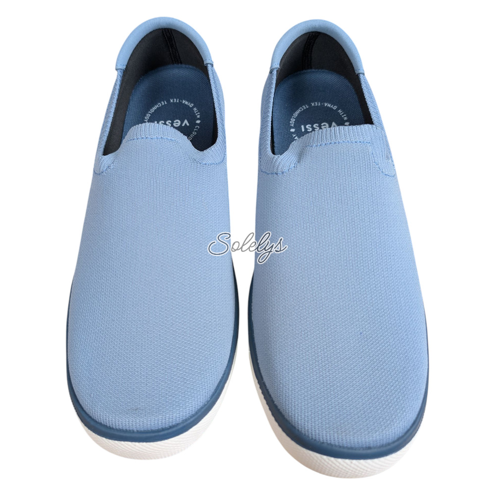 Vessi Boardwalk Slip-On Womens 9 Tidal Blue Gray Waterproof DymaTex Knit Sneaker